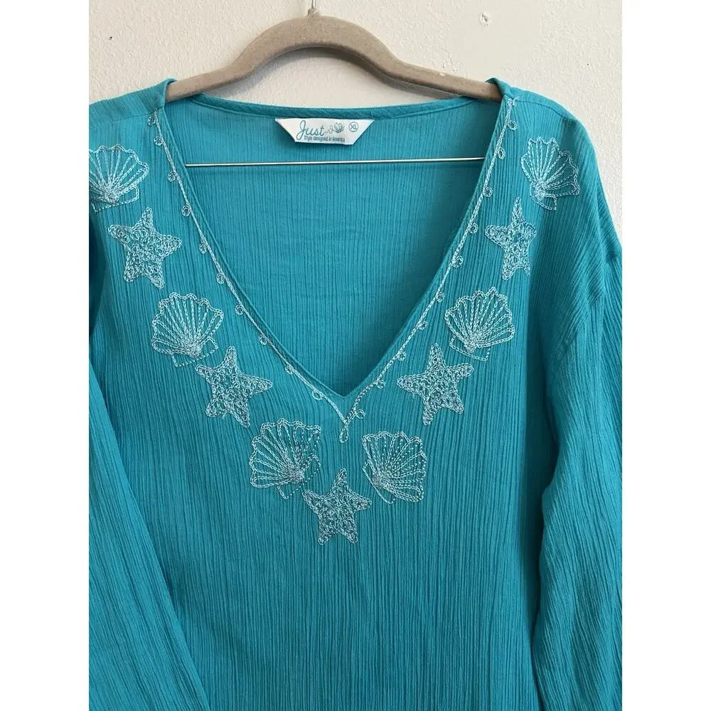 Sea Shells Embroidered coverup tunic V Neck Sea Teal Green Casual Beach Boho XL